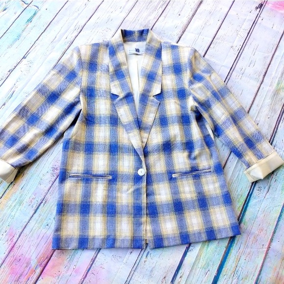 CHRISTY GIRL | BlueYellow Plaid Boyfriend Blazer - Picture 2 of 14